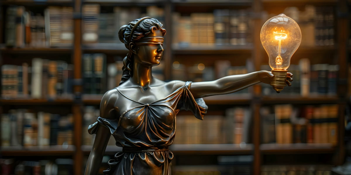 Statue of Lady Justice holding a glowing light bulb in place of her traditional scales, set against a background of law books, symbolizing innovation and legal knowledge—illustrating the concept of “what do intellectual property lawyers do